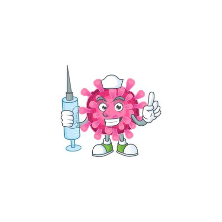Smiley Nurse corona virus cartoon character with a syringe. Vector illustrationのイラスト素材