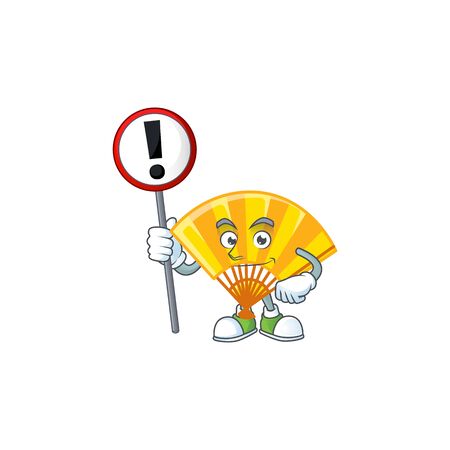 A picture of Cartoon mascot of gold chinese folding fan rise up a sign. Vector illustrationのイラスト素材