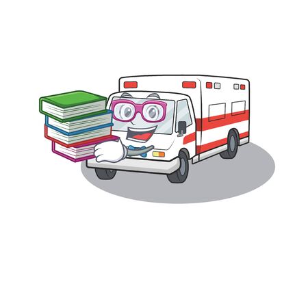 Cool and clever Student ambulance mascot cartoon with book. Vector illustrationのイラスト素材