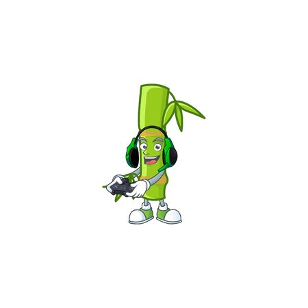 Cool bamboo stick cartoon mascot with headphone and controller. Vector illustrationのイラスト素材