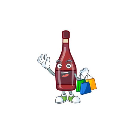 A happy rich red bottle wine waving and holding Shopping bagのイラスト素材