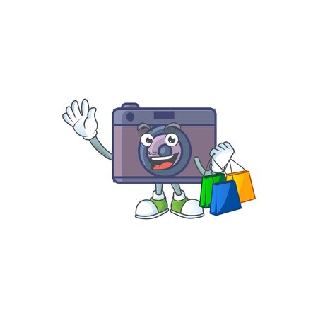 A rich retro camera cartoon design waving and holding Shopping bagのイラスト素材