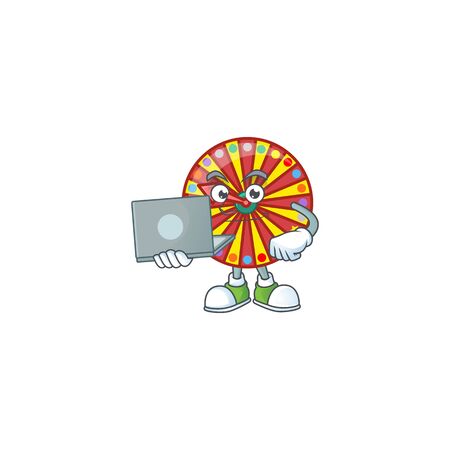 A smart wheel fortune mascot icon working with laptop. Vector illustrationのイラスト素材