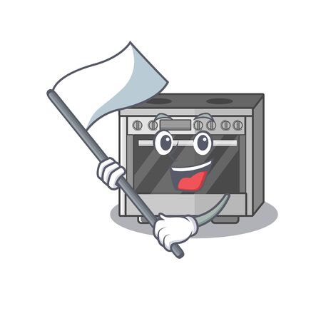 Funny kitchen stove cartoon character style holding a standing flagのイラスト素材