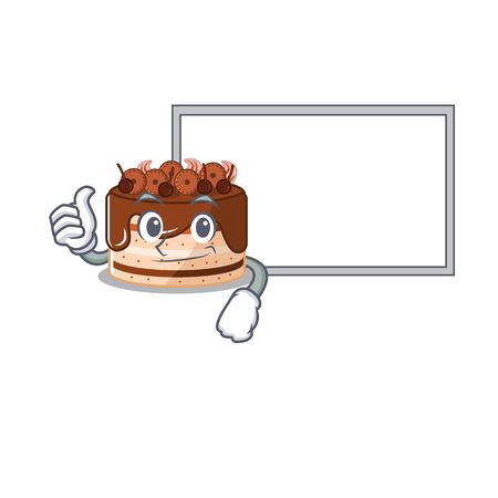 Thumbs up of chocolate cake cartoon design having a board. Vector illustrationのイラスト素材