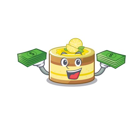 cool rich lemon cake character having money on hands. Vector illustrationのイラスト素材