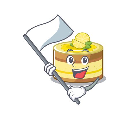 Funny lemon cake cartoon character style holding a standing flag. Vector illustrationのイラスト素材