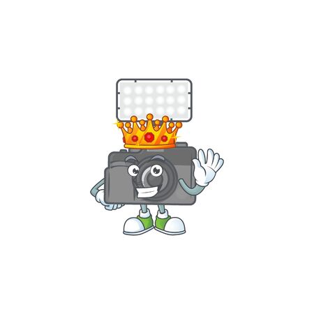 A dazzling of photo camera with lighting stylized of King on cartoon mascot designのイラスト素材