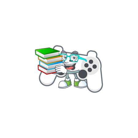A brainy clever cartoon character of white joystick studying with some booksのイラスト素材