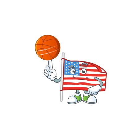 a strong USA flag with pole cartoon character with a basketballのイラスト素材