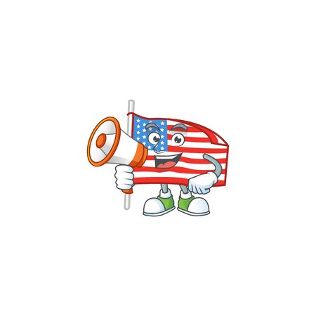 A chilly cartoon character of USA flag with pole with a megaphoneのイラスト素材