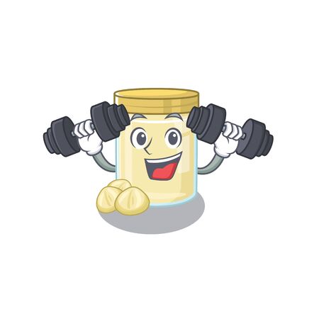 Sporty Fitness exercise macadamia nut butter mascot design using barbells. Vector illustrationのイラスト素材