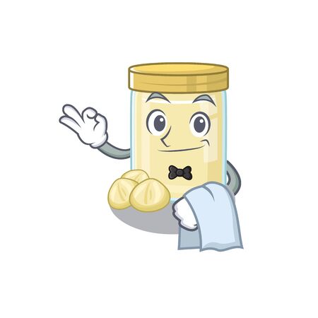 Sweet macadamia nut butter Character working as a Waiter. Vector illustrationのイラスト素材