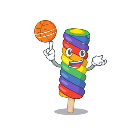 A mascot picture of rainbow ice cream cartoon character playing basketball. Vector illustrationのイラスト素材
