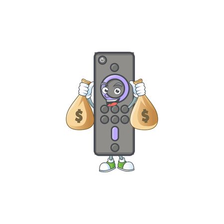 A cute image of remote control TV cartoon character holding money bags. Vector illustrationのイラスト素材