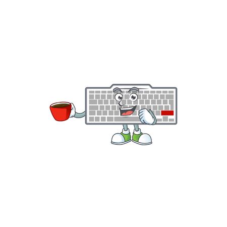 Cool white keyboard cartoon character with a cup of coffee. Vector illustrationのイラスト素材