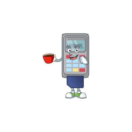 Cool POS machine cartoon character with a cup of coffee. Vector illustrationのイラスト素材