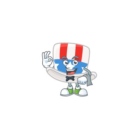 A uncle sam hat cartoon mascot working as a Waiter. Vector illustrationのイラスト素材
