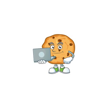 A smart chocolate chips cookies mascot icon working with laptop. Vector illustrationのイラスト素材