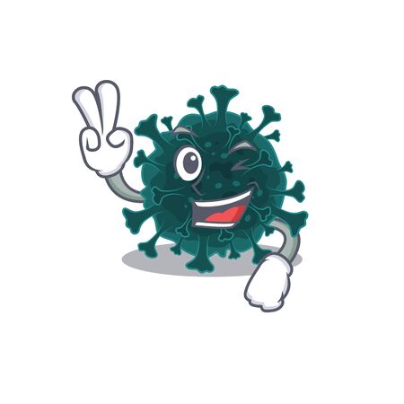 Cheerful coronavirus COVID 19 mascot design with two fingersのイラスト素材