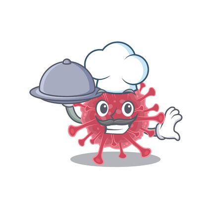 Coronavirus disease as a chef cartoon character with food on tray. Vector illustrationのイラスト素材