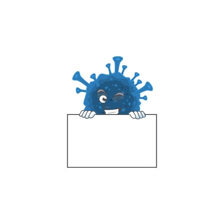 Coronavirus desease cartoon character with funny face hides behind a board. Vector illustrationのイラスト素材