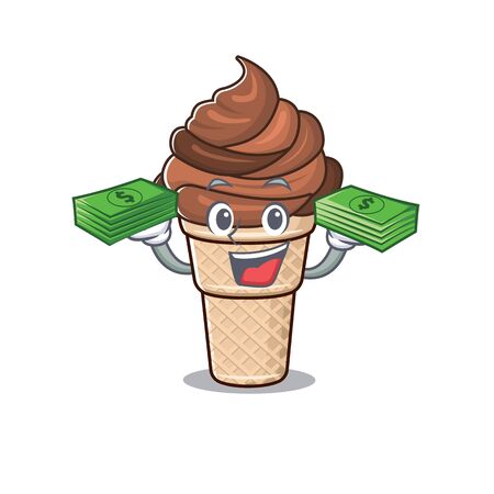 happy face chocolate ice cream character having money on hands. Vector illustrationのイラスト素材