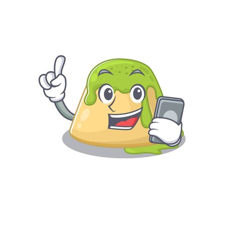 Mascot design of pudding green tea speaking on phone. Vector illustrationのイラスト素材