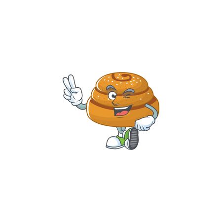 A joyful kanelbulle mascot design showing his two fingers. Vector illustrationのイラスト素材