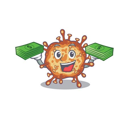 happy face retro virus corona character having money on hands. Vector illustrationのイラスト素材