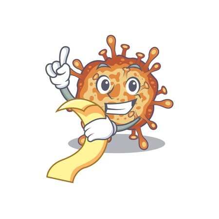cartoon character of retro virus corona holding menu ready to serve. Vector illustrationのイラスト素材