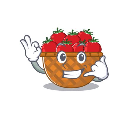 Tomato basket mascot cartoon design showing Call me gesture. Vector illustrationのイラスト素材