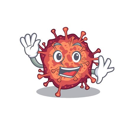 Smiley contagious corona virus cartoon mascot design with waving handのイラスト素材