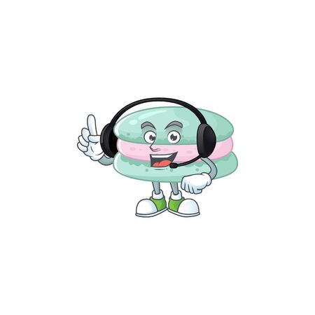 An attractive vanilla blue macarons mascot character concept wearing headphoneのイラスト素材