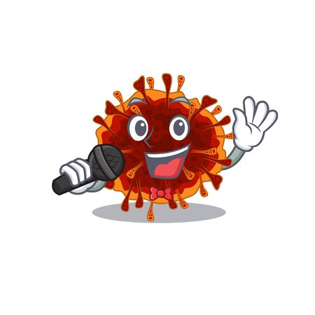 Cute delta coronavirus sings a song with a microphone. Vector illustrationのイラスト素材