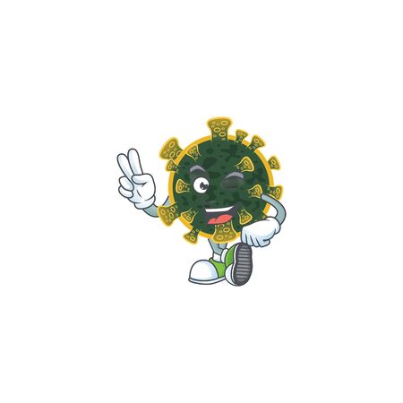 A joyful new coronavirus mascot design showing his two fingersのイラスト素材