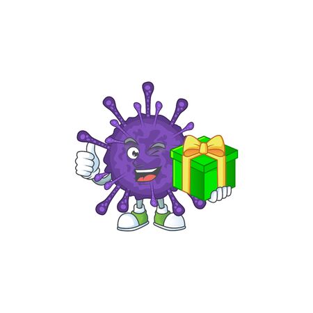 Cheerful coronavirinae cartoon character holding a gift boxのイラスト素材
