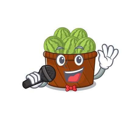 Cute watermelon fruit basket sings a song with a microphone. Vector illustrationのイラスト素材