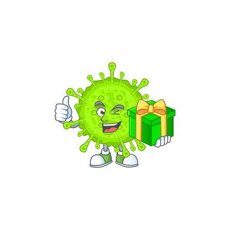 Cheerful orthocoronavirinae cartoon character holding a gift box. Vector illlustrationのイラスト素材