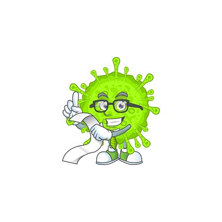 cartoon character of orthocoronavirinae holding menu on his hand. Vector illlustrationのイラスト素材