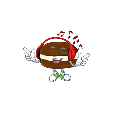 cartoon mascot design of whoopie pies enjoying music. Vector illustrationのイラスト素材