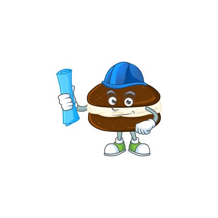 A clever Architect of whoopie pies with blue prints and blue helmet. Vector illustrationのイラスト素材