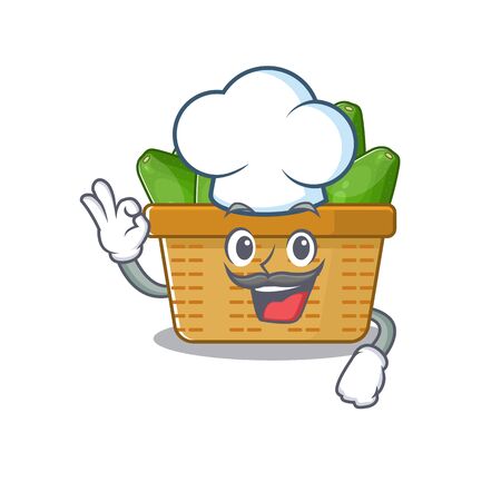 Cute avocado fruit basket cartoon character wearing white chef hatのイラスト素材