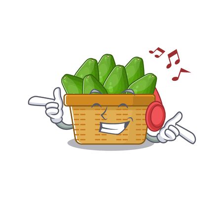 enjoying music avocado fruit basket cartoon mascot design. Vector illustrationのイラスト素材