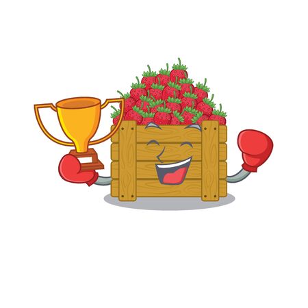 Happy face of boxing winner strawberry fruit box in mascot design styleのイラスト素材