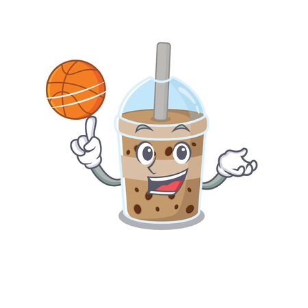 A sporty chocolate bubble tea cartoon mascot design playing basketball. Vector illustrationのイラスト素材
