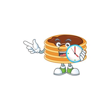 Chocolate cream pancake mascot design concept holding a circle clockのイラスト素材
