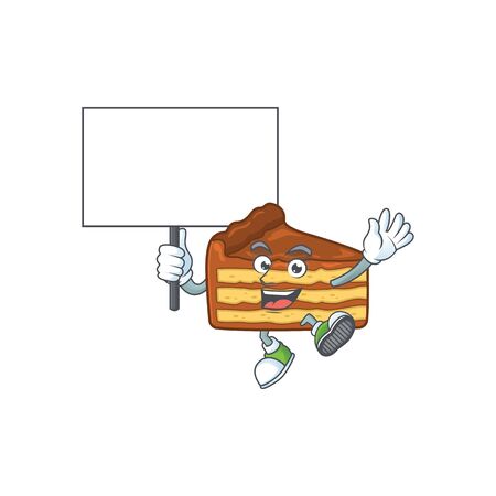 Sweet chocolate slice cake cartoon character rise up a board. Vector illustrationのイラスト素材