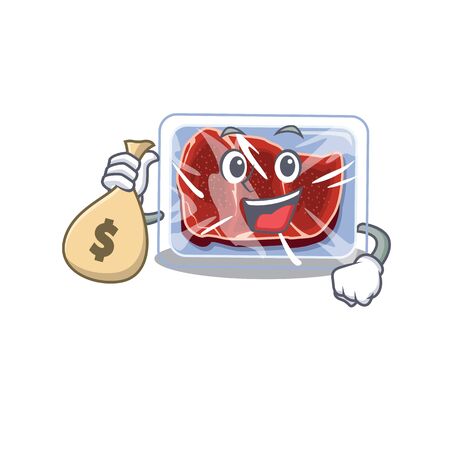 Rich frozen beef cartoon design holds money bags. Vector illustrationのイラスト素材