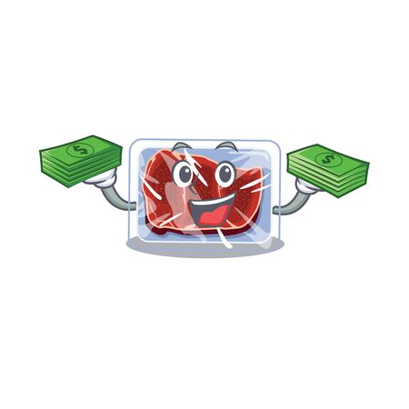 A wealthy frozen beef cartoon character having money on hands. Vector illustrationのイラスト素材